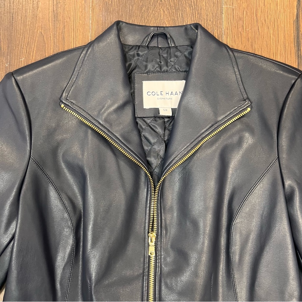 Cole Haan Dark Blue Wing Collar Leather Leather‎ Jacket SZ SM - Picture 3 of 9